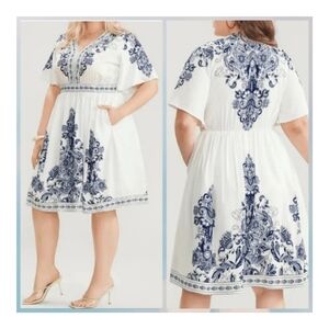 BloomChic Bandana Print Ruffle Sleeve V Neck Pocket Knee Dress Sz 14/16 NWT